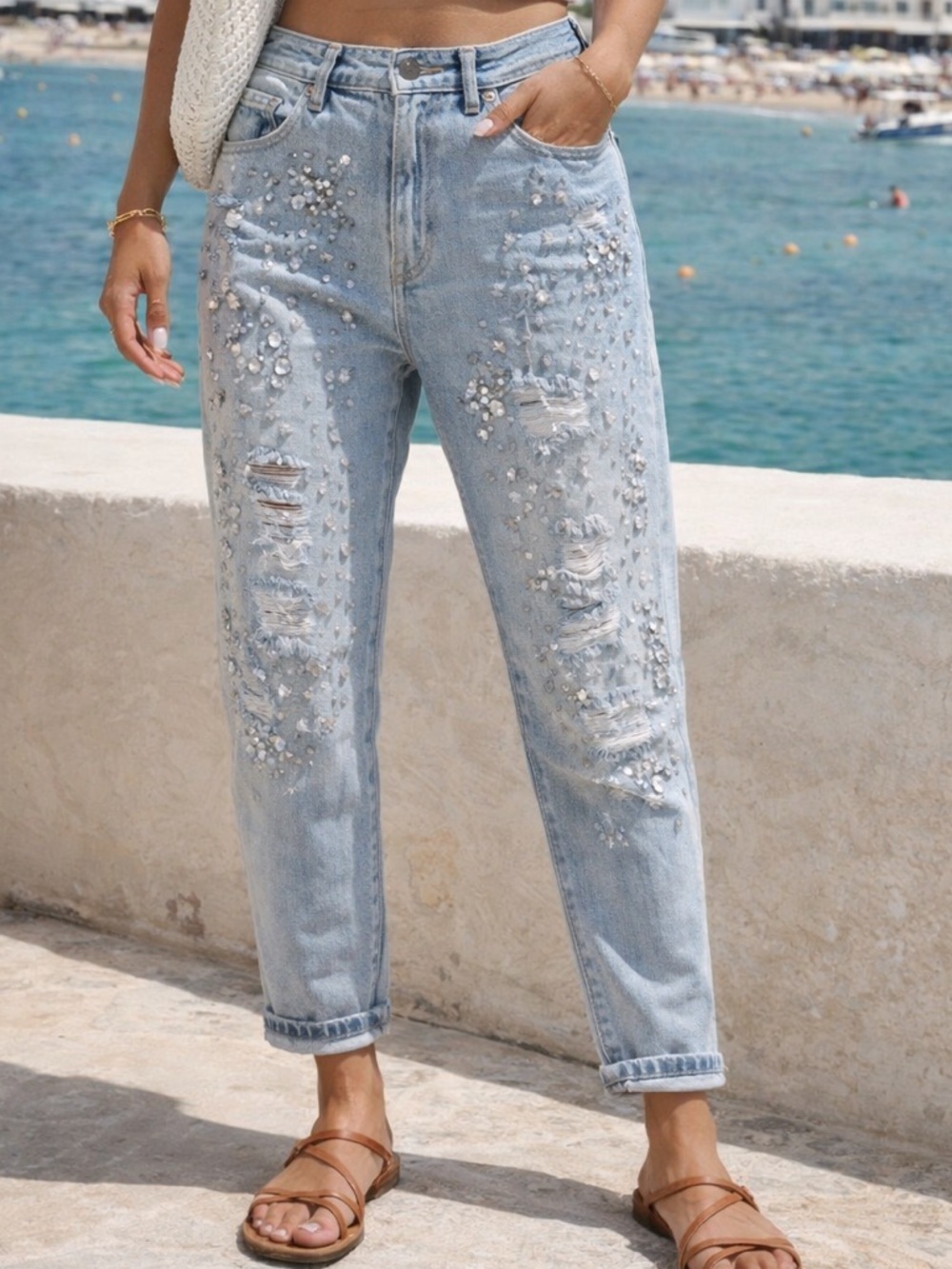 Audrey Slim Boyfriend Jeans 32 Crystal Star Hand Embellished Distressed NWT $369 - Picture 2 of 6